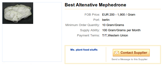 Kaufangebot für Mephedron, eine sog. ''Research Chemical'', gefunden nach wenigen google Klicks, man beachte die Angabe ''Supply Ability''